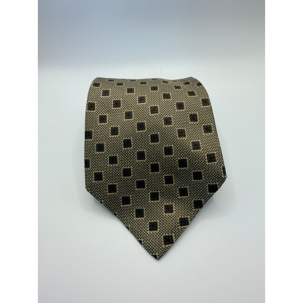 Banana Republic Mens Silk Necktie Brown Tan Geometric Square Pattern Tie